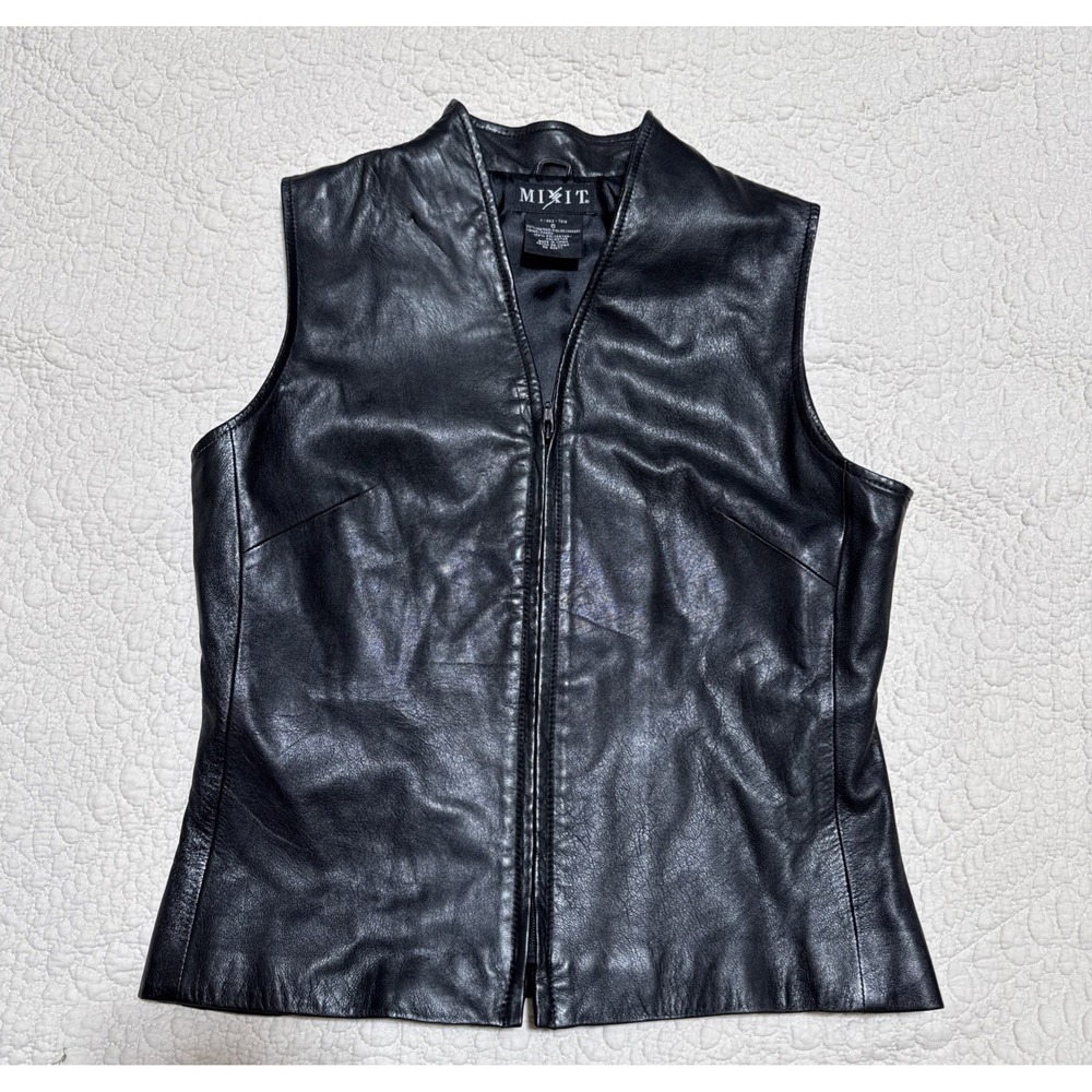 VTG MixIt Womens Black Leather Full Zip Classic Lined Y2K Biker Vest Jacket SZ 6